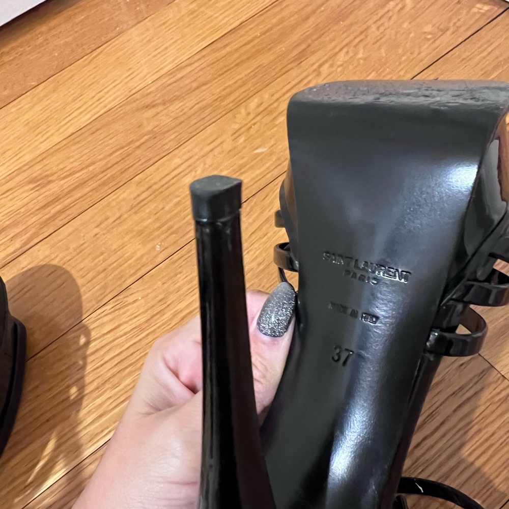 Saint Laurent YSL Black Patent Leather Tribute Cage Platform Criss Cross Heel 37 - Picture 8 of 10